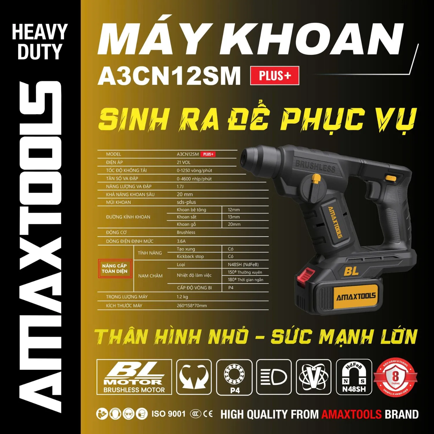 Máy Khoan Đục Bê Tông AMAXTOOLS A3CN12SM PLUS+, Lực Đập 1.7J, Động Cơ Không Chổi Than