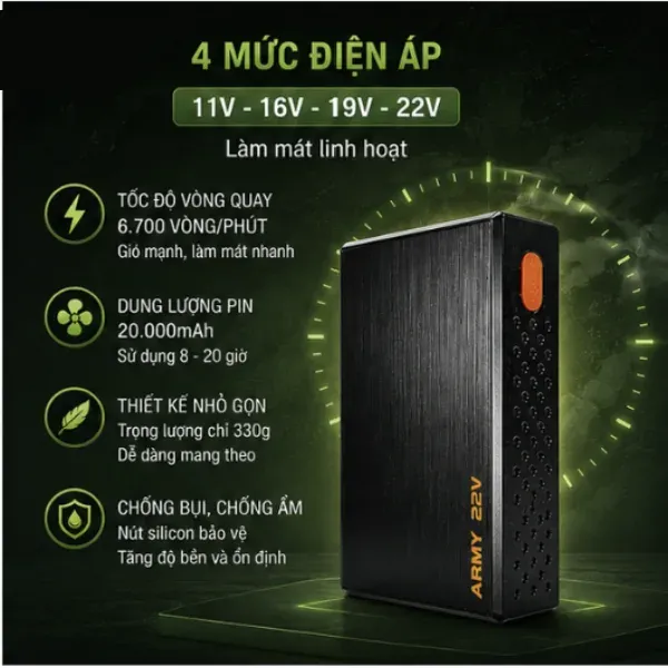 Pin và quạt áo điều hòa Kenko ARMY 22V ECO