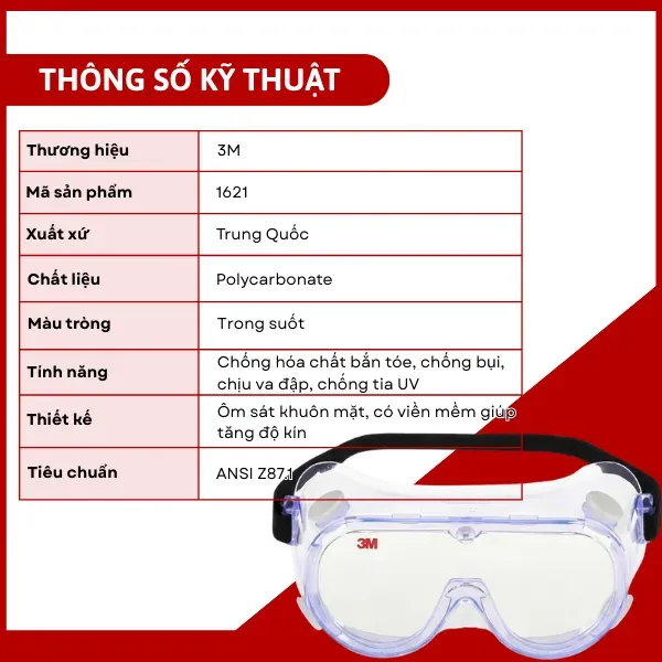 Kính bảo hộ chống hóa chất 3M 1621