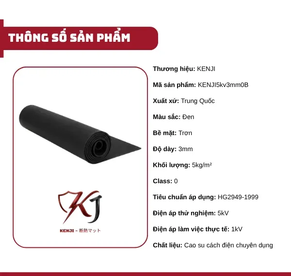 Thảm Cách Điện KENJI 5KV Dày 3mm Bề Mặt Trơn Màu Đen