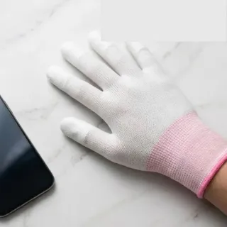 Găng tay sợi trắng phủ PU ngón tay viền hồng