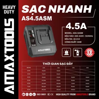 Sạc Nhanh 4.5A - 84W AMAXTOOLS AS4.5ASM Dùng Cho Pin 18 - 21V Chính Hãng